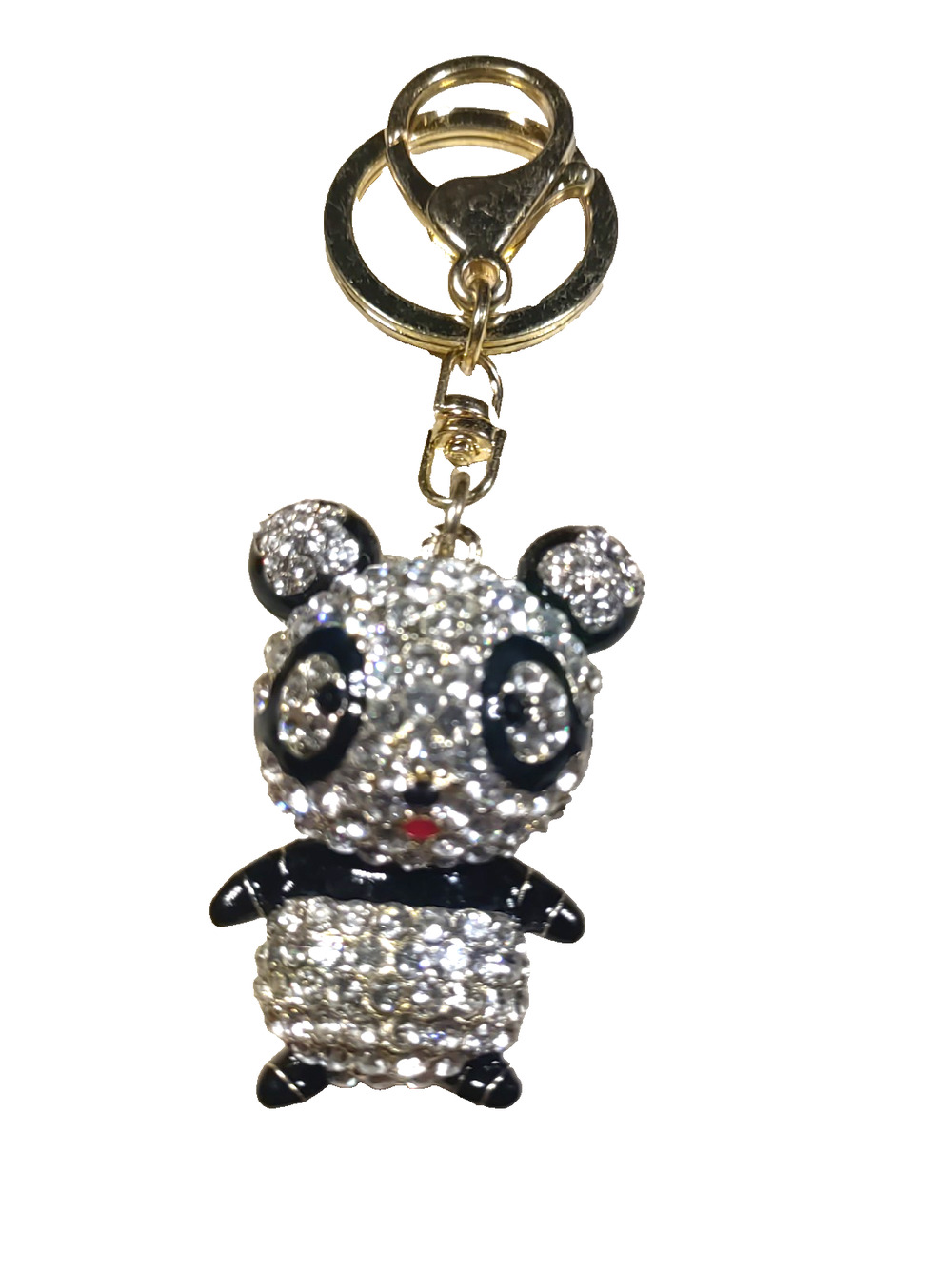 Funny Rhinestone Panda Keychain Purse Clip Gold Tone Fun